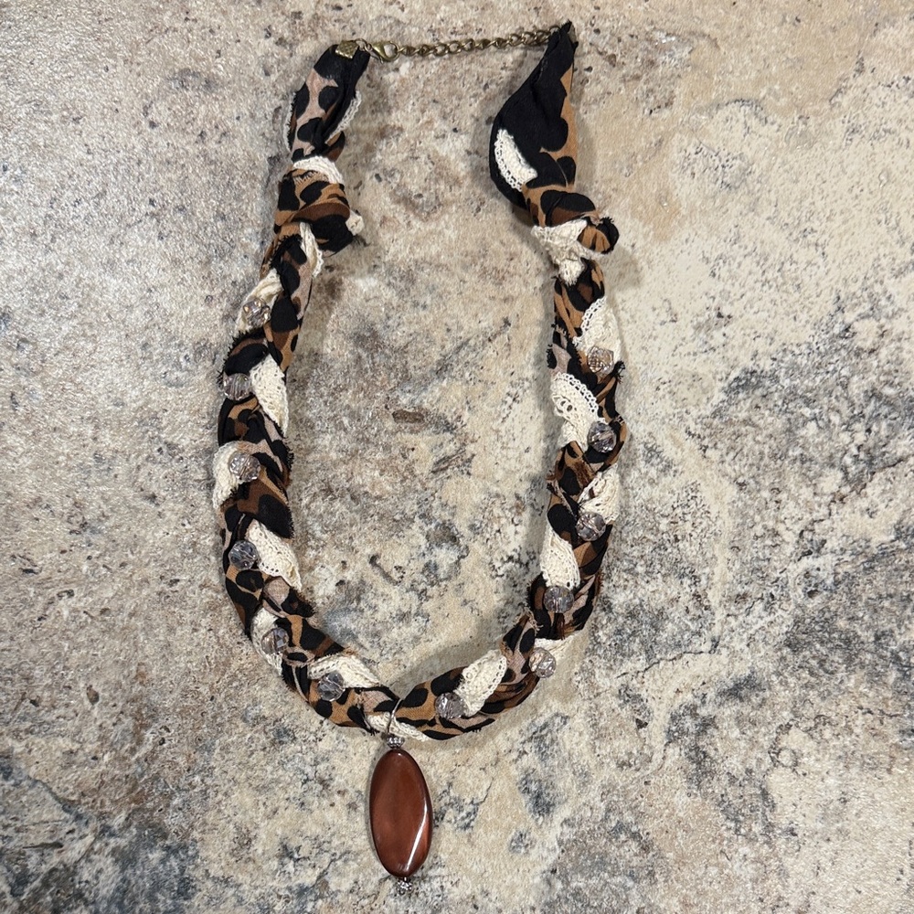 Elegant Braided Cheetah & Lace Necklace with Pendant & crystal beads